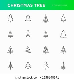 Christmas tree in different shapes. Minimalistic simple thin line icons. Vector illustration for greeting card, Christmas and New Year decoration.