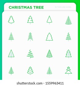 Christmas tree in different shapes. Minimalistic simple thin line icons. Vector illustration for greeting card, Christmas and New Year decoration.
