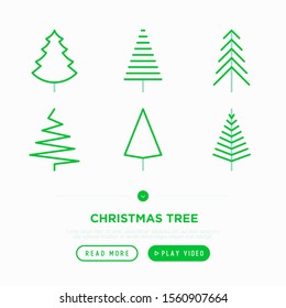 Christmas tree in different shapes. Minimalistic simple thin line icons. Vector illustration for greeting card, Christmas and New Year decoration.