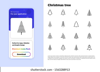 Christmas tree in different shapes. Minimalistic simple thin line icons. Vector illustration for greeting card, Christmas and New Year decoration.