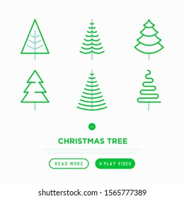 Christmas tree in different shapes. Minimalistic simple thin line icons. Vector illustration for greeting card, Christmas and New Year decoration.