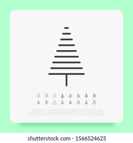Christmas tree in different shapes. Minimalistic simple thin line icons. Vector illustration for greeting card, Christmas and New Year decoration.