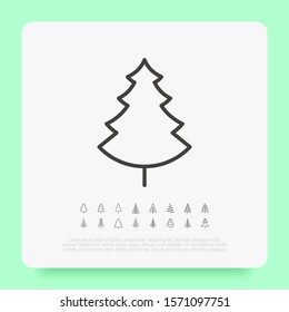 Christmas tree in different shapes. Minimalistic simple thin line icons. Vector illustration for greeting card, Christmas and New Year decoration.