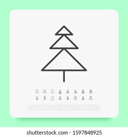 Christmas tree in different shapes. Minimalistic simple thin line icons. Vector illustration for greeting card, Christmas and New Year decoration.
