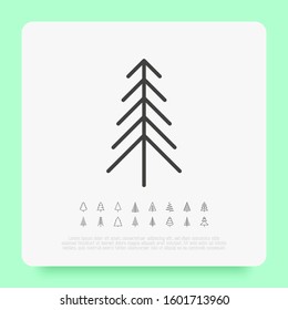 Christmas tree in different shapes. Minimalistic simple thin line icons. Vector illustration for greeting card, Christmas and New Year decoration.