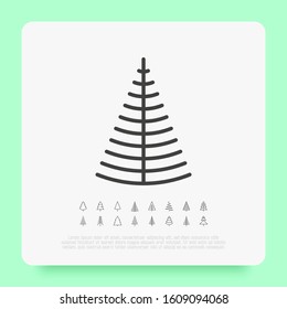 Christmas tree in different shapes. Minimalistic simple thin line icons. Vector illustration for greeting card, Christmas and New Year decoration.