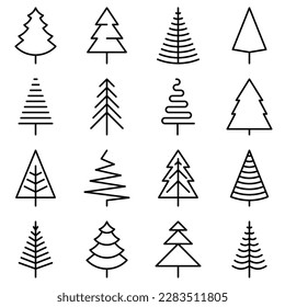 Christmas tree in different shapes. Minimalistic simple thin line icons. Vector illustration for greeting card, Christmas and New Year decoration.