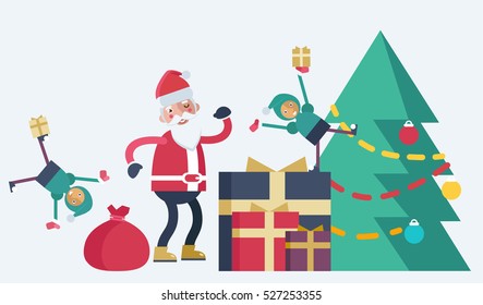 A Christmas tree with different sized presents near it and Santa Claus