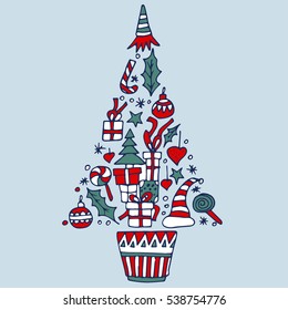 Christmas tree with different symbols. Isolated on white background