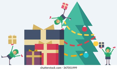 A Christmas tree with different-sized presents near it and elves