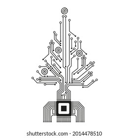 Christmas tree from digital electronic circuit. Abstract lighting motherboard microchip. Vector illustration