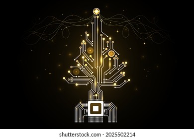 Christmas tree from digital electronic circuit. Abstract lighting motherboard microchip. Vector illustration