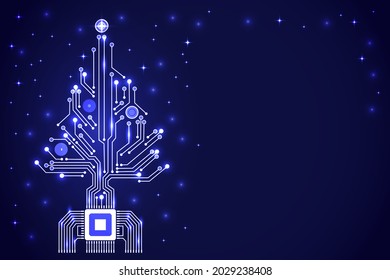 Christmas tree from digital electronic circuit. Abstract blue lighting motherboard microchip. Vector illustration