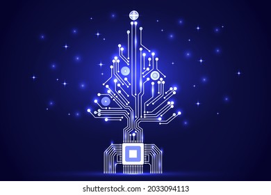 Christmas tree from digital electronic circuit. Abstract blue lighting motherboard microchip. Vector illustration