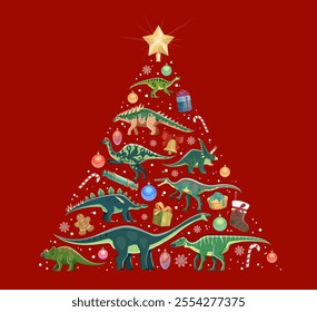 Christmas tree dinosaurs made of various dino species, ornaments, candy canes and gifts, topped with a golden star. Cartoon vector festive prehistoric themed pine tree ready for holiday celebrations