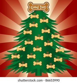 Christmas Tree with dog bone treats with good dog gingerbread star ornament on top, red background. EPS10 compatible.