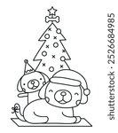 Christmas tree dog vector line drawing illustration
