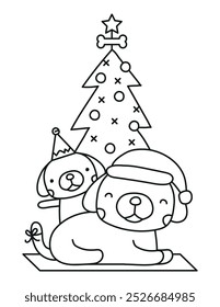 Ilustración de dibujo de línea de Vector de perro de árbol de Navidad