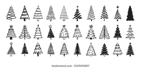 Árbol de Navidad doodle gran conjunto de invierno. Árbol de Navidad dibujado a mano icono. Ilustración vectorial