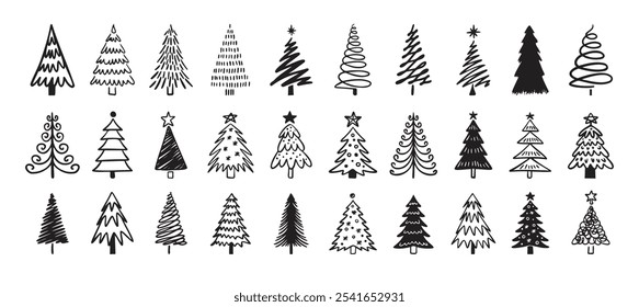 Christmas tree doodle big winter set. Christmas tree hand drawn icon. Vector illustration