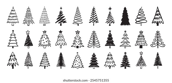 Christmas tree doodle big winter set. Christmas tree hand drawn icon. Vector illustration