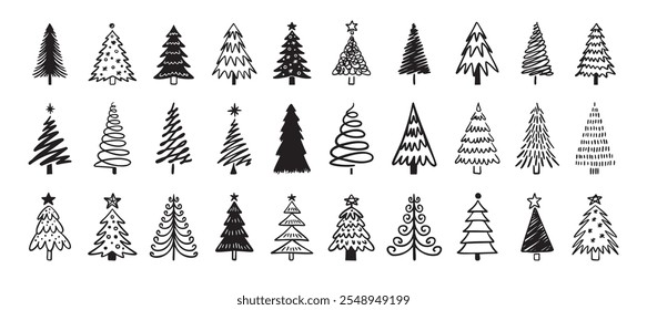 Christmas tree doodle big winter set. Christmas tree hand drawn icon. Vector illustration