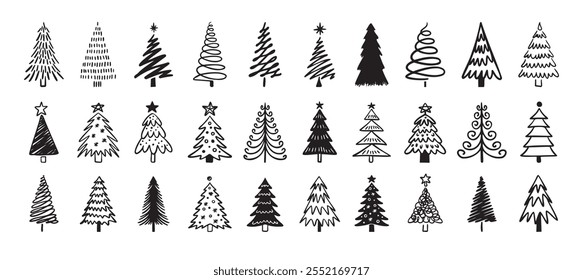 Weihnachtsbaum doodle großen Winter-Set. Handgezeichnetes Weihnachtsbaum-Symbol. Vektorgrafik