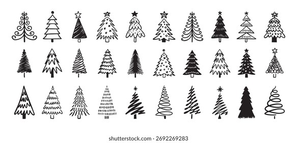 Árbol de Navidad doodle gran conjunto de invierno. Árbol de Navidad dibujado a mano icono. Ilustración vectorial