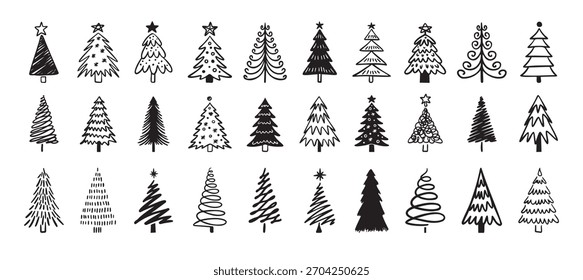 Árbol de Navidad doodle gran conjunto de invierno. Árbol de Navidad dibujado a mano icono. Ilustración vectorial