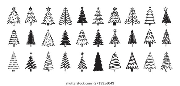 Weihnachtsbaum doodle großen Winter-Set. Handgezeichnetes Weihnachtsbaum-Symbol. Vektorgrafik