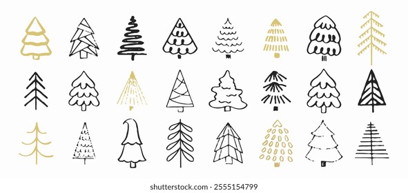 Christmas tree doodle collection. Hand drawn festive trees with black and golden accents. Abstract winter decoration set for holiday design. Vector illustration.