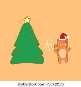 A Christmas tree and a doodle cute fox with vector style for art element