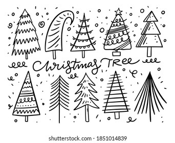 Christmas tree doodle elements set. Black ink. Vector illustration. Isolated on white background.