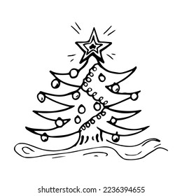 Christmas tree Doodle fir tree drawing. Balls, star and garland. White and black Vector illustration. Design for Web, print, pattern, cover, article illustration, banner, postcard, post, coloring page