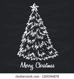 christmas tree with doodle or hand drawn style on chalkboard background