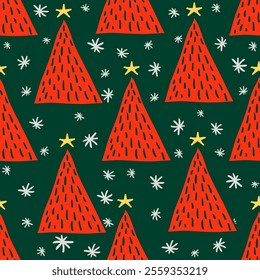 Christmas tree doodle hand drawn silhouette vector illustration seamless holiday pattern.