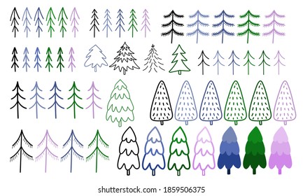 Christmas tree doodle icon set. Hand drawn pine and fir trees for Xmas celebration. Winter forest design elements. Vector illustration.