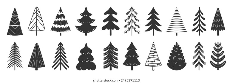 Christmas tree doodle icons. Xmas trees, new year and winter holidays symbols simple design. Hand drawn forest elements, nature racy vector set