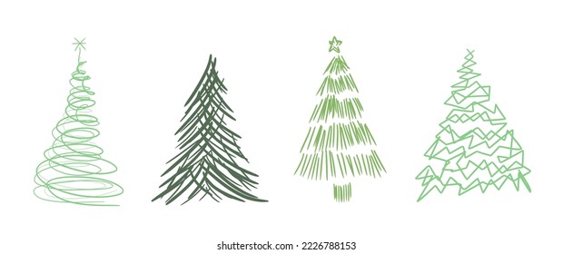 Christmas tree doodle illustration set. Hand drawn Christmas trees. Funky, weird and eccentric Christmas tree drawing collection.