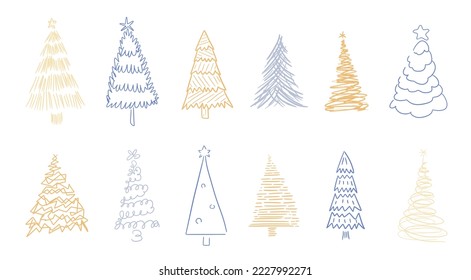 Christmas tree doodle illustration set. Hand drawn Christmas trees. Funky, weird and eccentric Christmas tree drawing collection.
