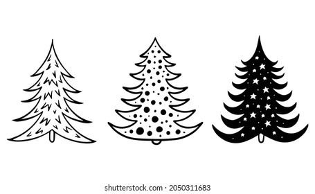 Christmas tree doodle isolated black and white vector set