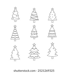 Christmas tree doodle line sign icon collection. outline style. isolated illustration