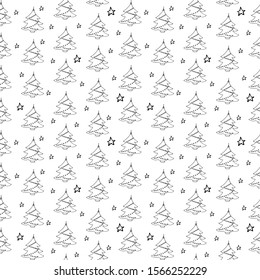 Christmas tree doodle pattern. Hand drawn fir trees on transparent backdrop. Seamless vector background. Winter elements for design. Winter theme. Christmas and New Year.