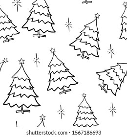 Christmas tree doodle pattern. Hand drawn fir trees on transparent backdrop. Seamless vector background. Winter elements for design. Winter theme. Christmas and New Year.