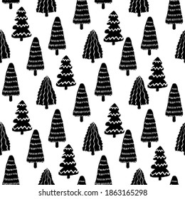 Christmas Tree Doodle Seamless Pattern. Winter Stylized Simple Fir Trees Endless Design for Wrapping Paper, Scrapbooking, Textile and Wallpaper.