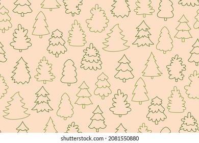 Weihnachtsbaumdoodle nahtloses Muster. Silvester Umriss Symbol traditionelle Weihnachtsbäume Cartoon Wrapper. Stylisches Weihnachtszeichen für Winterurlaubskontur für Scrapbook, Deko, Verpackung, Banner-Webdesign