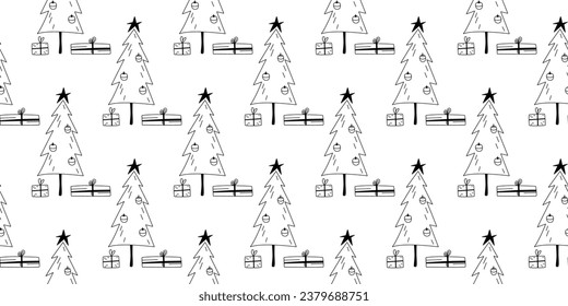 Patrón sin fisuras del garabato de los árboles de Navidad. Árbol de flores con regalos. Vacaciones de invierno escandinavas. Arte de línea. Bosque de esquema. Antecedentes, papel digital, fondo de pantalla.