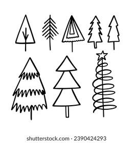 Christmas tree doodle set. Handwritten flat style vector art. Black color sign isolated on white background.