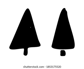 Christmas tree doodle silhouettes. Hand drawn xmas decorations icon. Vector illustration isolated on white background. Christmas tree design element for holiday greeting card, gift tag.