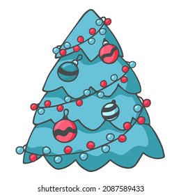 Christmas Tree in doodle style. Christmas Tree, Decorated  with lights and garland. Christmas and New Year items. Holiday decoration elements for design, greeting card, posters, postcard